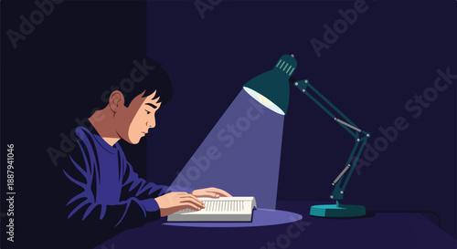Young student studying late at night under a desk lamp, focused on reading a book in the dark room.