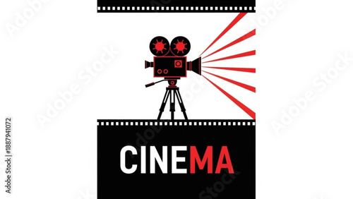 Film camera icon with cinema text on black film strip background