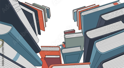 Tiny person climbing a mountain of books, representing knowledge, learning, and research