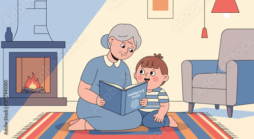 Grandmother reading a book to her grandson by the fireplace, cozy family moment in a living room, illustration