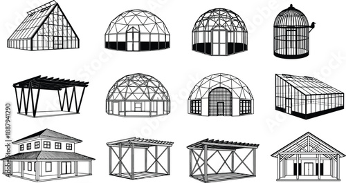 Architectural struct framework designs collection, technical line art, isolated structures, cad drawing flat vector illustration