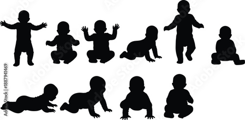 Baby silhouette black toddler figures, isolated human shapes, cad drawing flat vector illustrationBaby silhouettes set, infant 