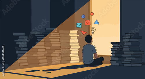 Young student in a dark room filled with books, illuminated by a beam of light, experiencing a breakthrough of creative ideas and knowledge.