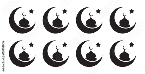 Collection of Islamic crescent moon mosque dome and star vector icons for ramadan and eid celebration design