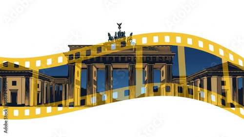 Brandenburg gate at night with film strip overlay iconic berlin landmark in germany cinematic view