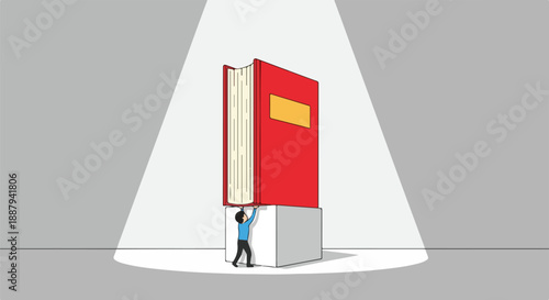 Small person holding up a giant red book under a spotlight, symbolizing the weight of knowledge, education, learning, or a significant task and achievement.