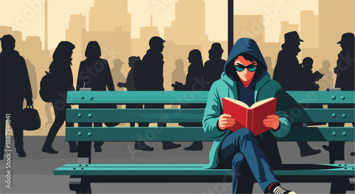 Person in hoodie and sunglasses reads book on park bench, finding quiet amidst blurred city crowd, symbolizing focus and urban life.