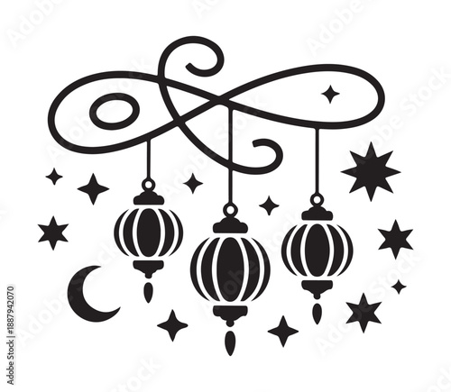 Decorative hanging lanterns with infinity flourish and celestial star elements for ramadan festive greeting