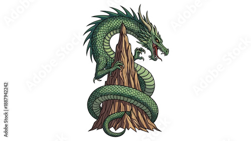 Green dragon coiled around a wooden stump with sharp spines and scales.