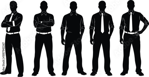 Business men silhouettes set, standing confident male poses in formal wear, professional corporate people outlines, black figures, cad drawing flat vector illustration