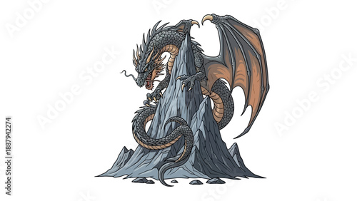 Fantasy dragon illustration with dark grey and orange wings.
