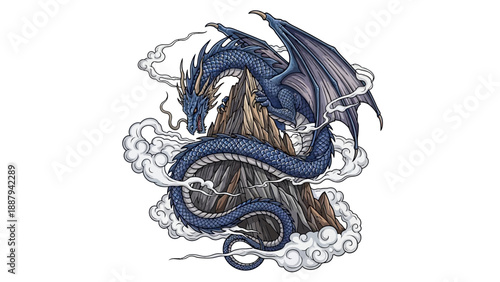 Blue dragon illustration wrapped around a rocky cliff with smoke.