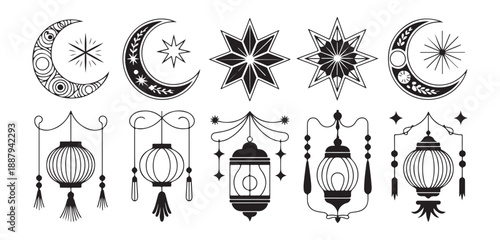 Islamic ornament icon set black line art on white background, traditional arabesque symbols collection