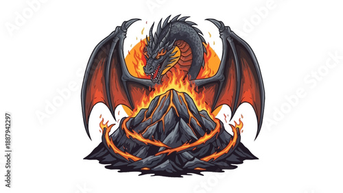 Fierce black dragon with fiery orange flames on mountain peak.