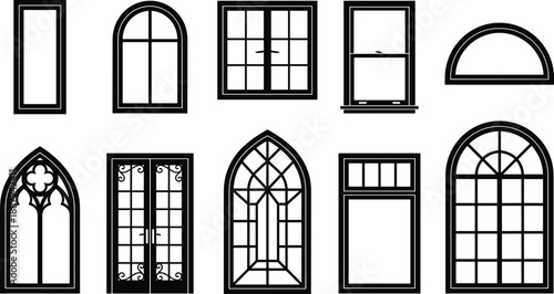 Architectural window silhouette collection featuring classic and modern window styles, arched and rectangular frames, decorative building elements, and construction design icons isolated 