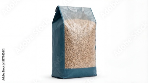 Teal and Transparent Bag Filled with Small Brown Pellets granules teal bag