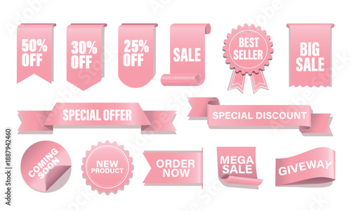set of promotional ribbons and product discount tags in pink. vector illustration