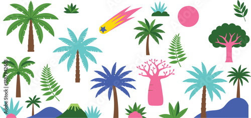Colorful tropical trees and plants set, palm leaves landscape elements, nature icons collection, flat design shapes, cad drawing flat vector illustration