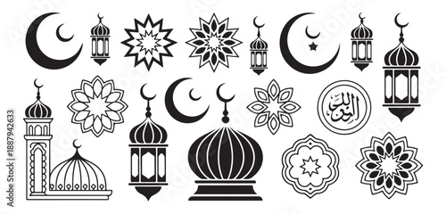 Islamic symbols crescent moon mosque lantern stars floral patterns and arabic calligraphy for eid ramadan