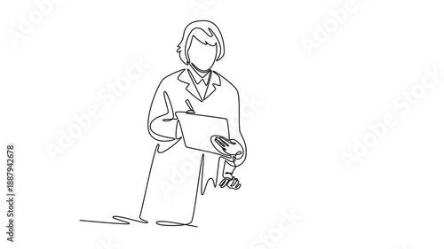 Young doctor showing her patient report file. Doctor visit and consul concept. Single line draw design. Full length animation illustration. High quality 4k footage