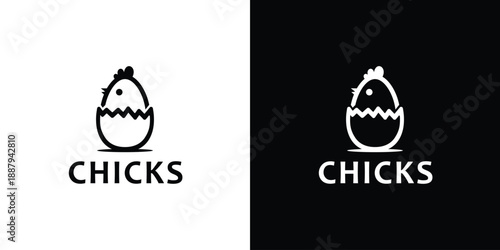 Chicks logo design with egg and chicken black and white.