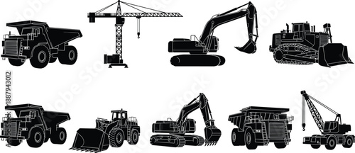 Construction machinery silhouettes set, excavators dump trucks cranes loaders bulldozers industrial heavy equipment icons, cad drawing flat vector illustration, design
