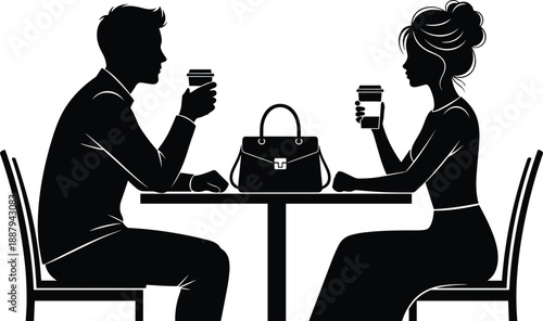 Couple coffee silhouette illustration, man woman sitting café table, romantic meeting lifestyle scene, cad drawing flat vector illustration