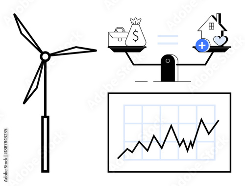 Renewable energy concept. Renewable energy interacting with financial balance and sustainability . Renewable energy contributing to economics, sustainability, health, investment, and growth potential