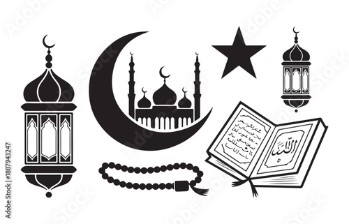 Islamic vector icons mosque crescent moon star lantern prayer beads open book for ramadan eid celebration