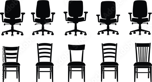 Chair silhouette collection featuring office chairs and wooden dining chairs, furniture design set, seating icons for interior, workspace, and home concepts isolated on white background