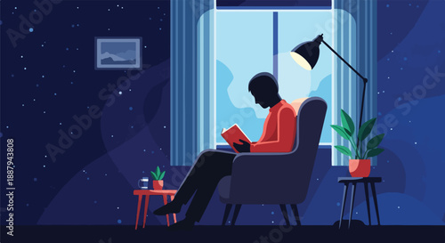 Illustration of a person relaxing and reading a book in a cozy armchair at night, illuminated by a lamp, with a view of the dark sky.