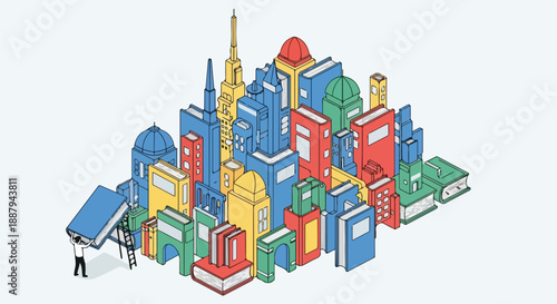 Vibrant isometric cityscape constructed from colorful books, symbolizing knowledge, education, and the intellectual foundation of urban life, with a person adding a book.