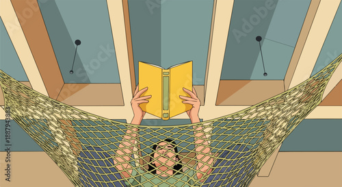 Serene woman reading a captivating book, comfortably suspended in a woven net hammock, enjoying peaceful leisure time indoors.