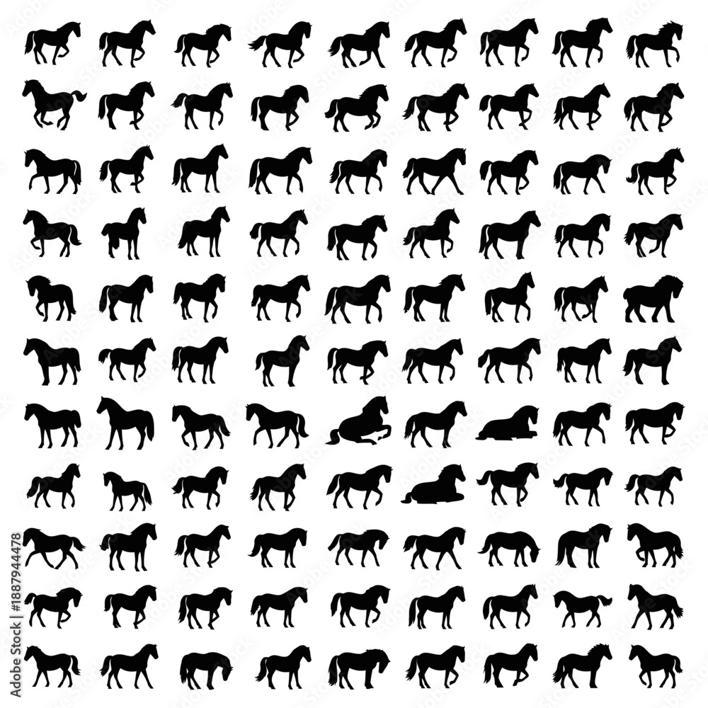 Fototapeta premium Black Horse Silhouette Stock Photo Background Collection Set of Horse Silhouettes on White Background.png