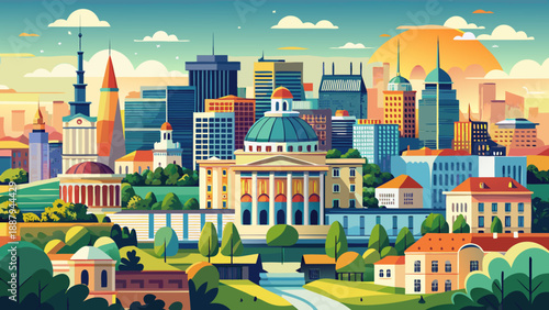 Very beautiful Bucharest panoramic skyline showcases a vibrant European capital with modern buildings, historic structures, and green urban spaces, blending city life and nature under soft daylight an