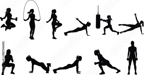 Female fitness workout silhouettes, gym exercise poses, strength training, cardio activity, healthy lifestyle, sport training, black vector illustration