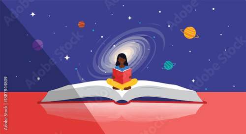 Young woman reading a book, floating in a cosmic universe with planets and stars, symbolizing imagination, knowledge, and the power of learning and exploration.