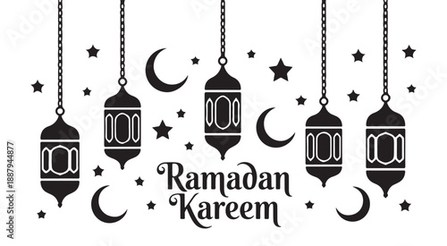 Ramadan Kareem festive banner with hanging lanterns stars and moons celebrating holy Islamic month background