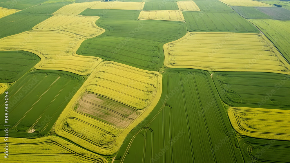 Obraz premium Aerial view of agricultural fields with varied crop growth and patterns