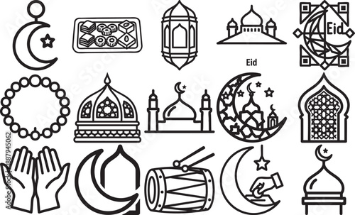 Islamic icons with crescent moon, mosque, rosary beads, drum, and sweets, isolated on white background.