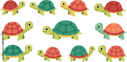 Cute Cartoon Turtle Illustration Set Showing Colorful Baby Tortoise Characters in Walking and Standing Poses for Kids Education and Vector Design