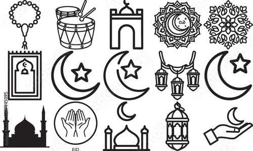 Islamic symbols collection featuring rosary beads, drums, mosque, crescent moon, and praying hands, isolated on white background.