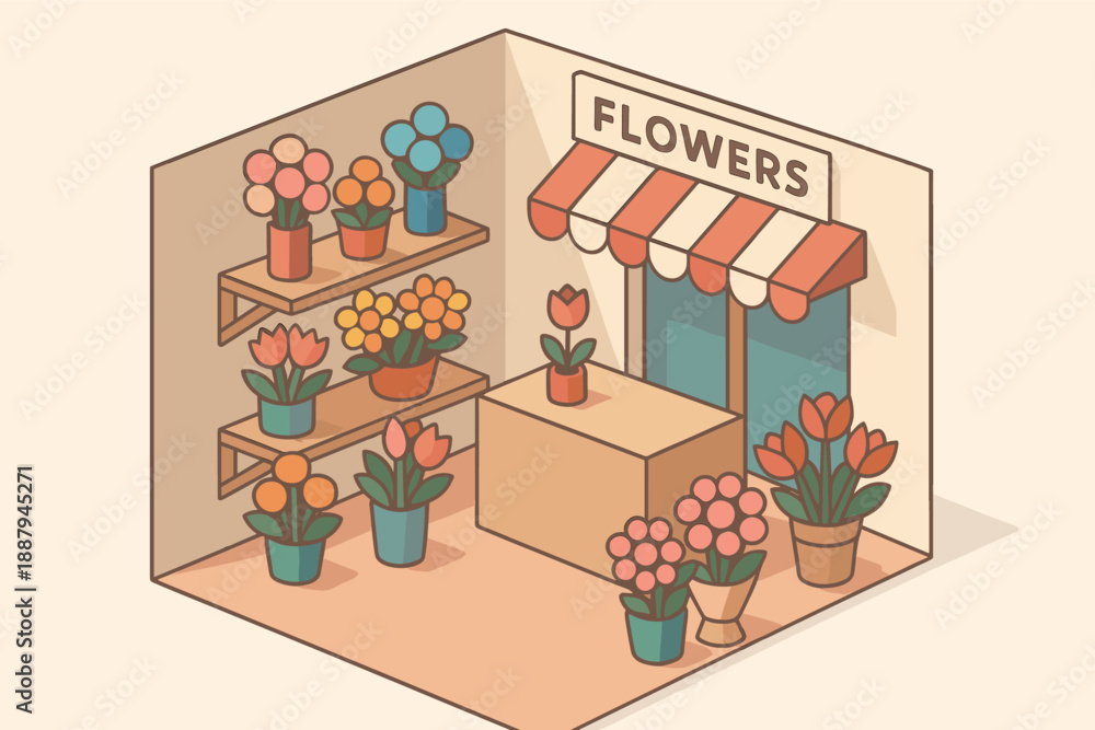 Fototapeta premium Charming flower shop with colorful blooms and potted plants in cozy interior design