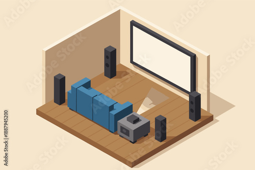 Isometric home theater setup with projector and surround sound system