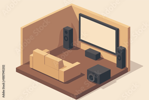 Isometric home theater setup with sofa screen and sound system