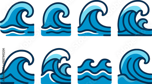 Collection of eight stylized blue ocean wave icons