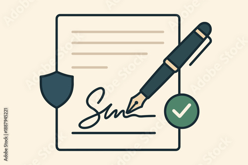 Fountain pen signing document with shield and checkmark icons