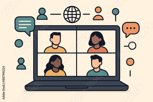 Virtual meeting with diverse participants on laptop screen