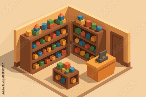 Isometric toy store with colorful geometric shapes on wooden shelves