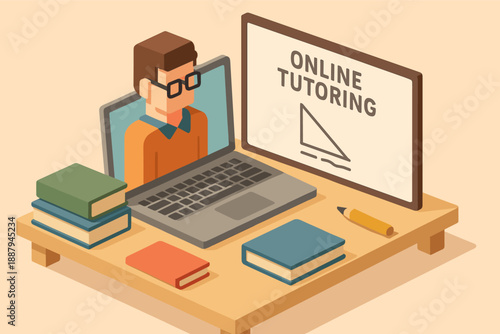 Isometric illustration of online tutoring session with male student on laptop